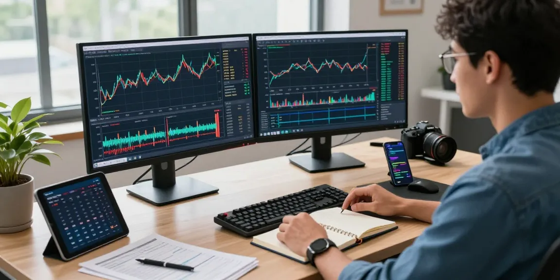 Forex backtesting data visualized on screens in a developer's workspace