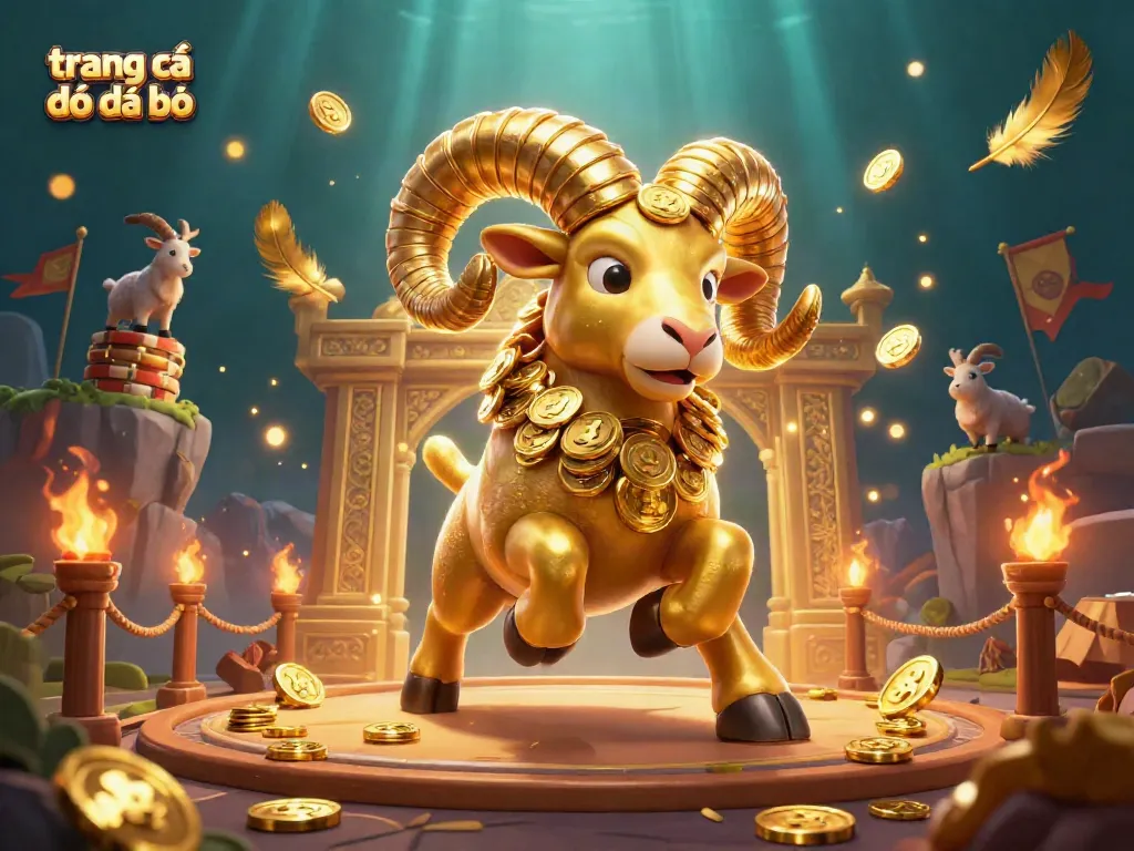 Cá độ bóng đá tại trang cá độ đá bóng với hình ảnh một con ram vàng khổng lồ và các biểu tượng cá cược hấp dẫn.