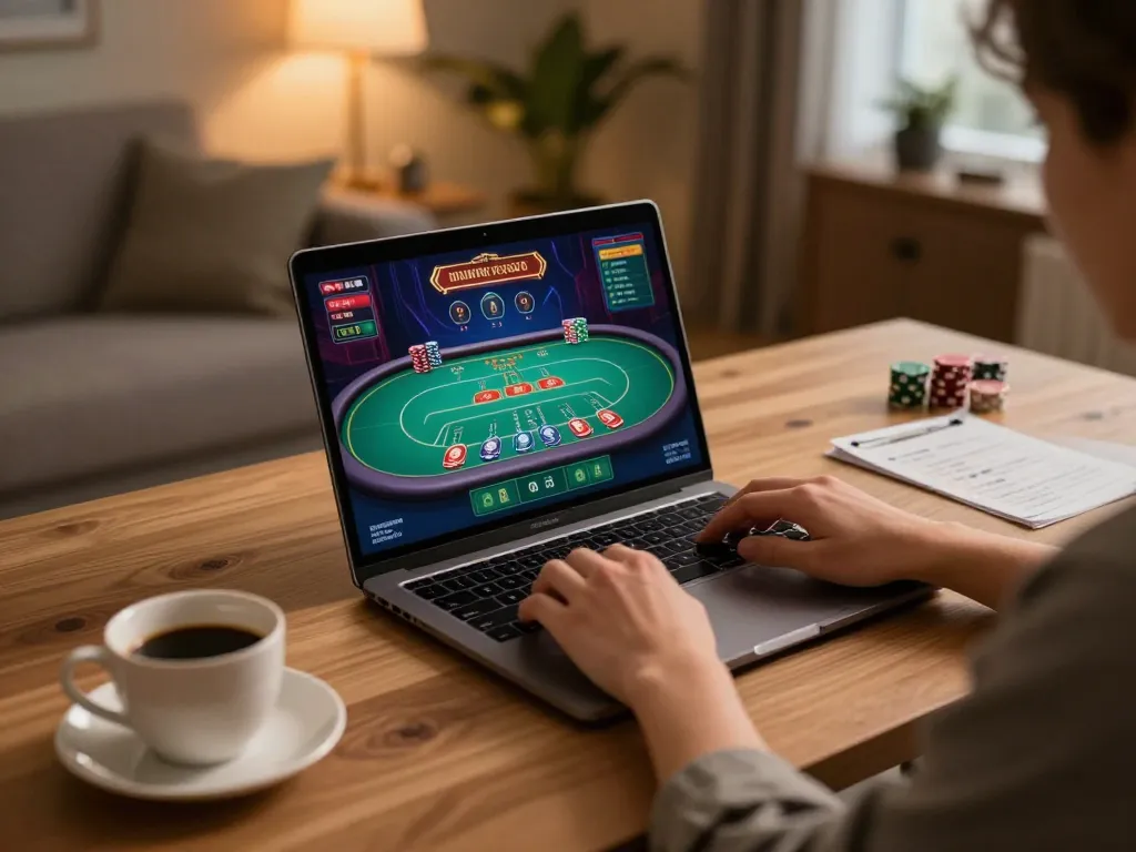 Engaged player enjoying poker gameplay on 388bet's online casino platform, showcasing a comfortable home gambling setup.