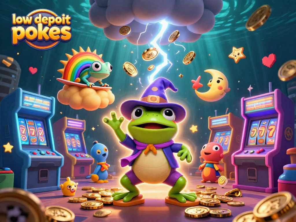 Play low deposit pokies with exciting visuals of a cartoon storm of coins and vibrant game elements.