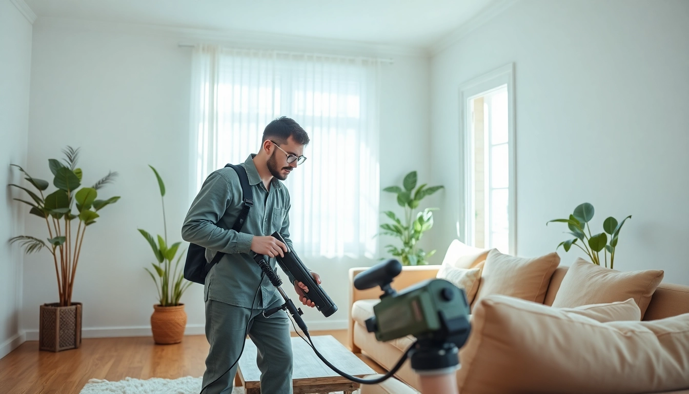 Apply local home insect treatment in a bright living room with a professional pest control specialist.