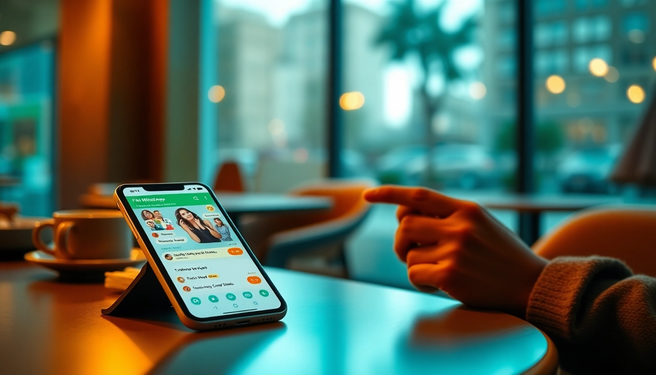 FM WhatsApp interface showcased on a smartphone in a cozy café, highlighting user interaction.