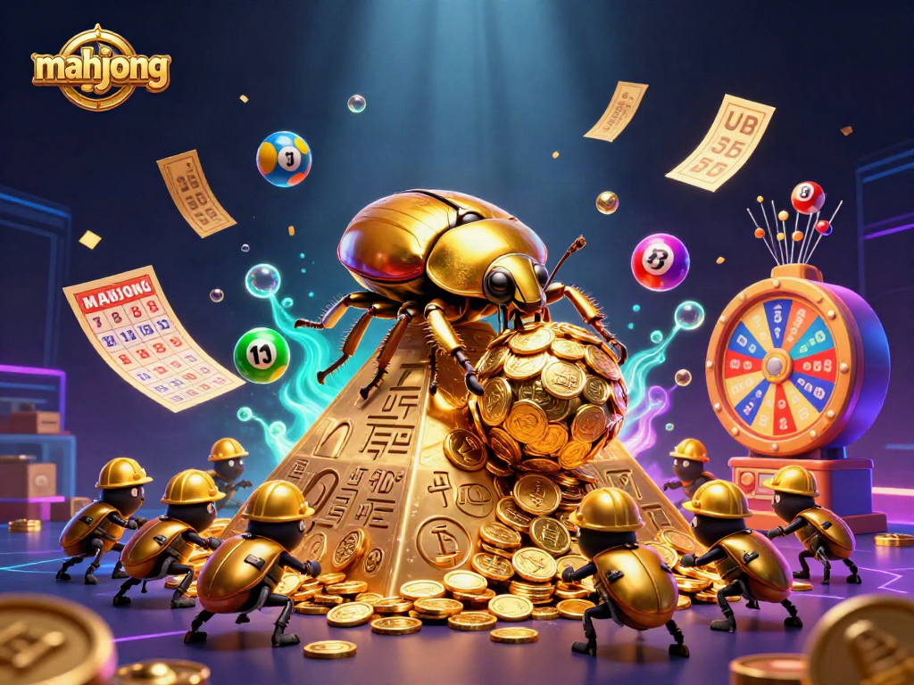 Engage with mahjong gameplay featuring a dynamic scene of golden beetles and casino elements.