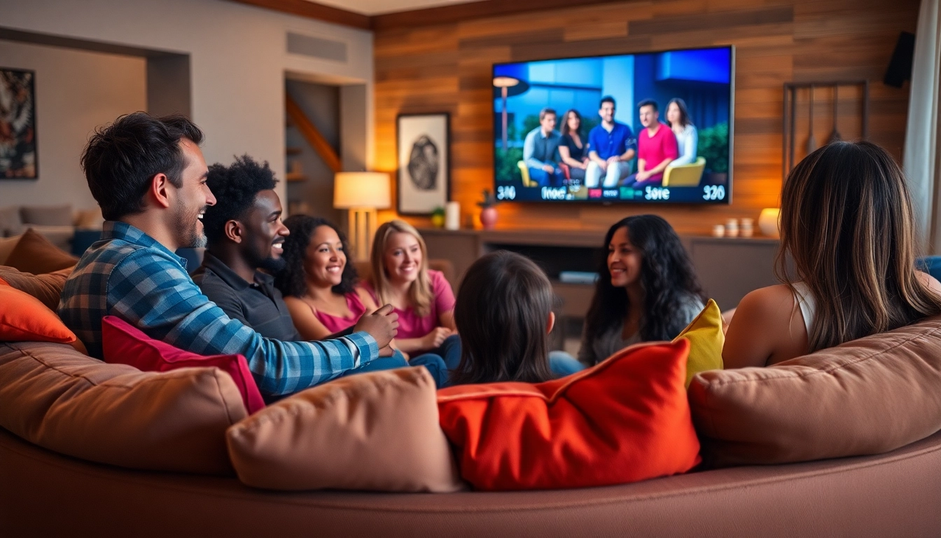 Watch TV series online free in a cozy living room with friends enjoying a movie night together.