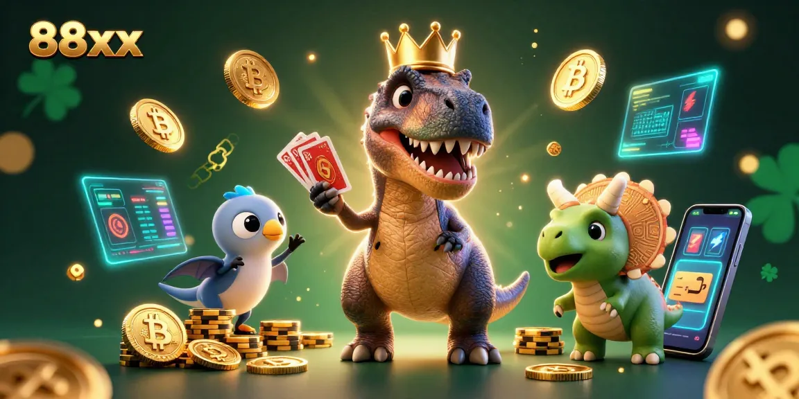 Experience thrilling action with 88xx as our cartoon T-Rex shuffles cards in a vibrant casino setting.