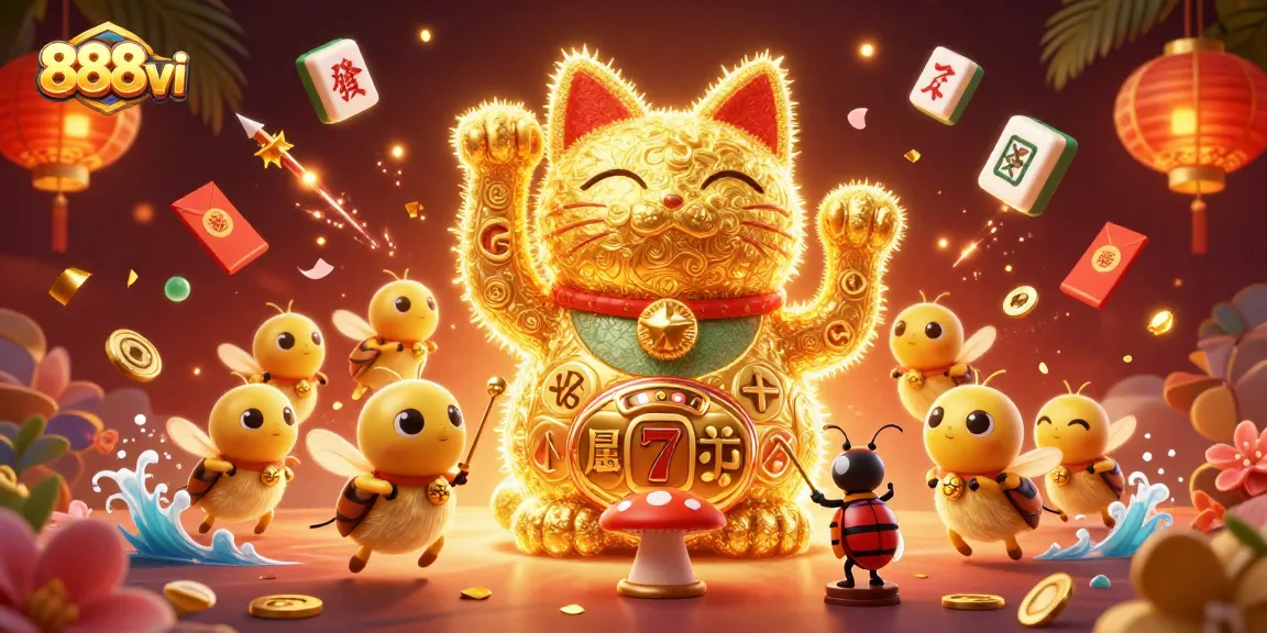 Experience thrilling wins with 888vi, featuring a giant lucky cat amidst casino excitement and symbols.