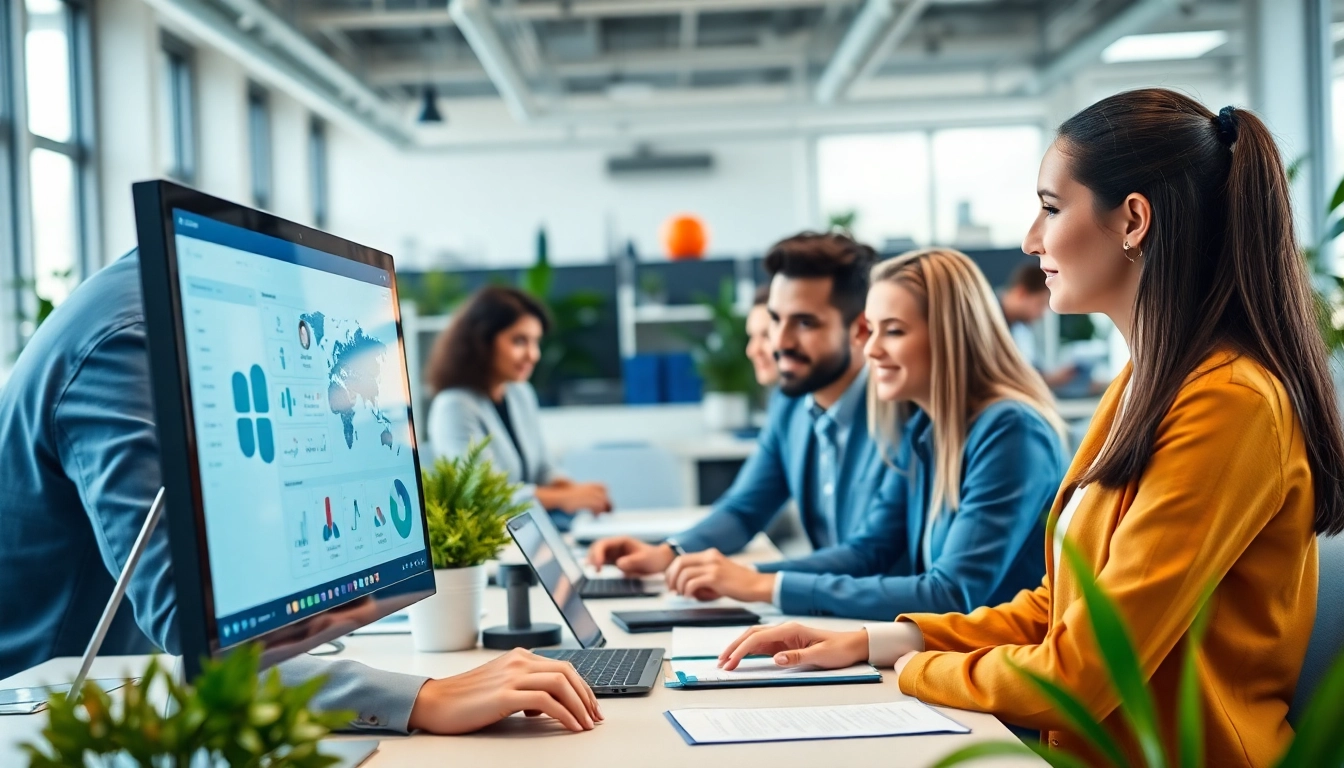 Engaging enterprise assistant helping in a collaborative workspace with diverse professionals.