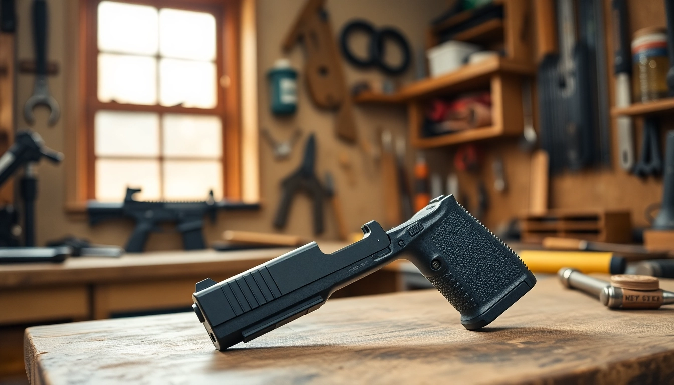 Showcasing a Glock 19 slide highlighting its precision and craftsmanship in a workshop setting.