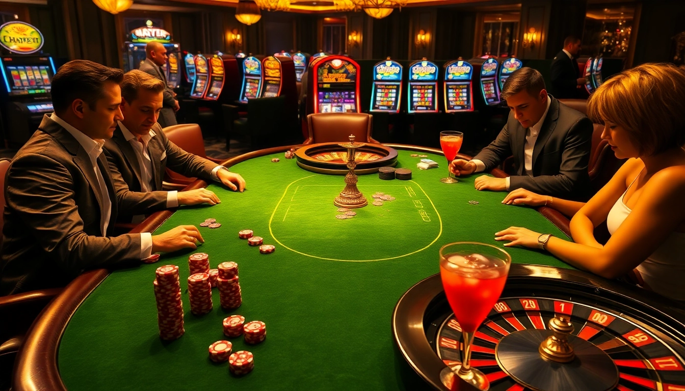 Haywin-themed casino scene showcasing poker players at an elegant table with vibrant chips and dice.