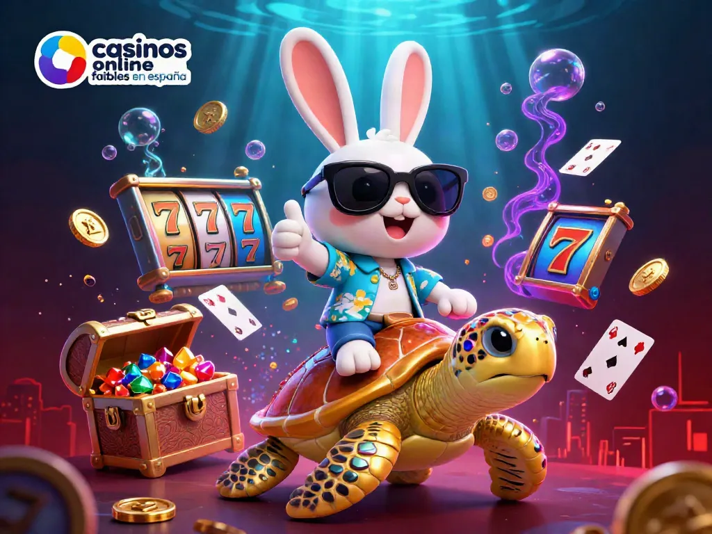 Vive la emoción de los casinos online fiables en España con un conejo afortunado y una tortuga dorada en un escenario vibrante.