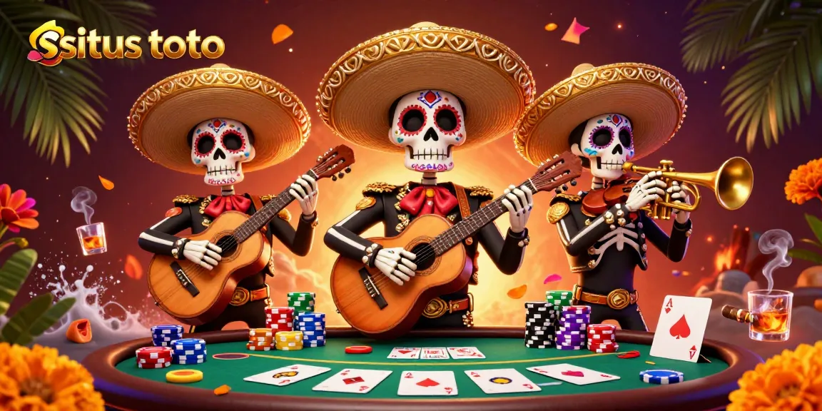 Experience the excitement of situs toto with vibrant 3D skeleton mariachi band at a lively poker scene.