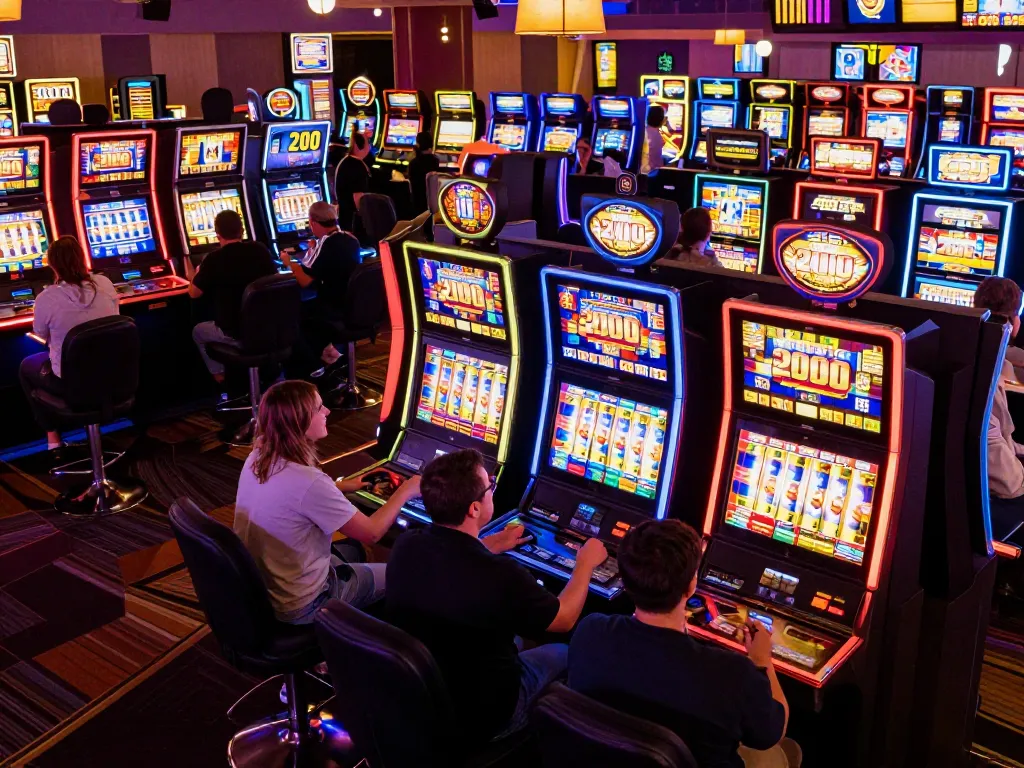 Thrilling atmosphere of players engaging in slot bet 200 at colorful casino machines.
