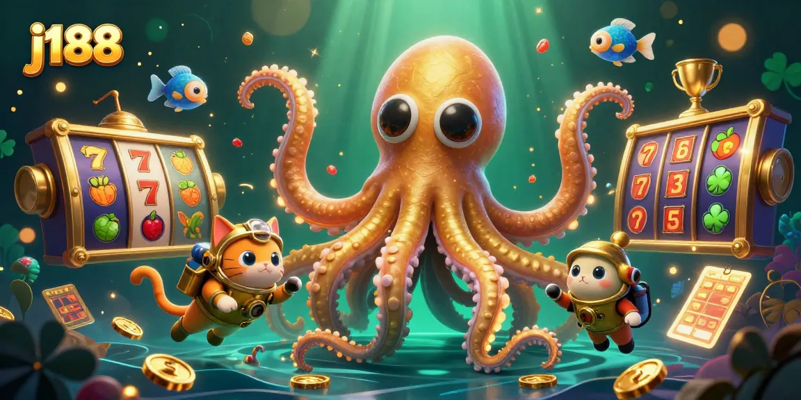 Win big with j188 in this vibrant illustration of a kraken and diving cat in a rich casino scene.