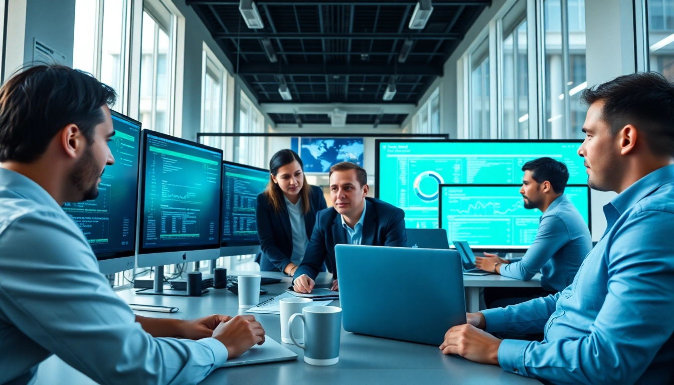Engaging team providing managed IT services near me in a modern office, analyzing data collaboratively.