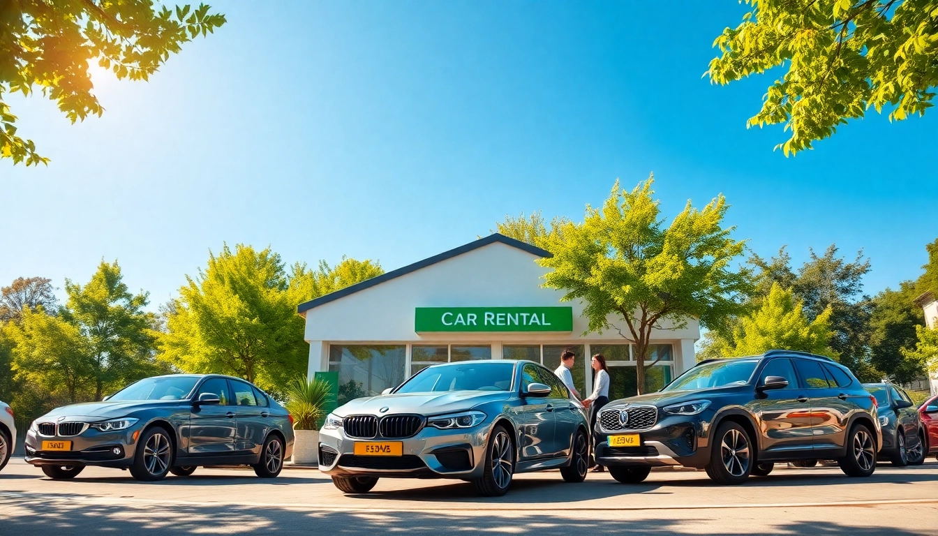 Rent a car Chisinau with a modern office and diverse vehicle selection on a sunny day.
