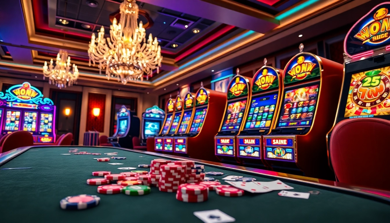 Menggambarkan suasana menarik dari 88SLOTDEWA Pulsa di kasino dengan mesin slot berwarna-warni.