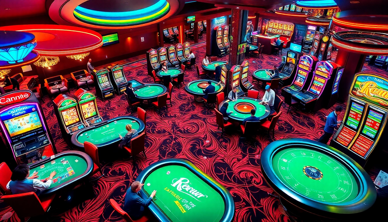 A lively casino scene showcasing tables, cards, and KJC AC 3 promotional elements for an immersive gambling experience.