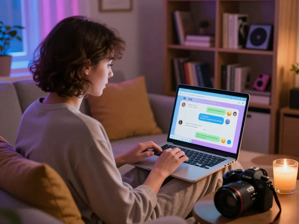 Engaging ai nsfw chat scene with user interacting with virtual AI companion in cozy home setting.
