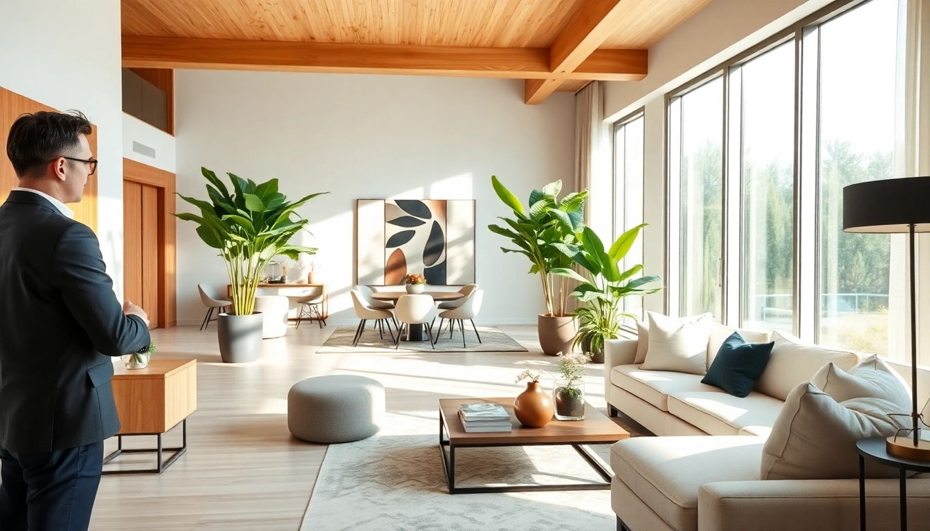 Real Estate agent showcasing a luxury home interior with elegant design and natural light.