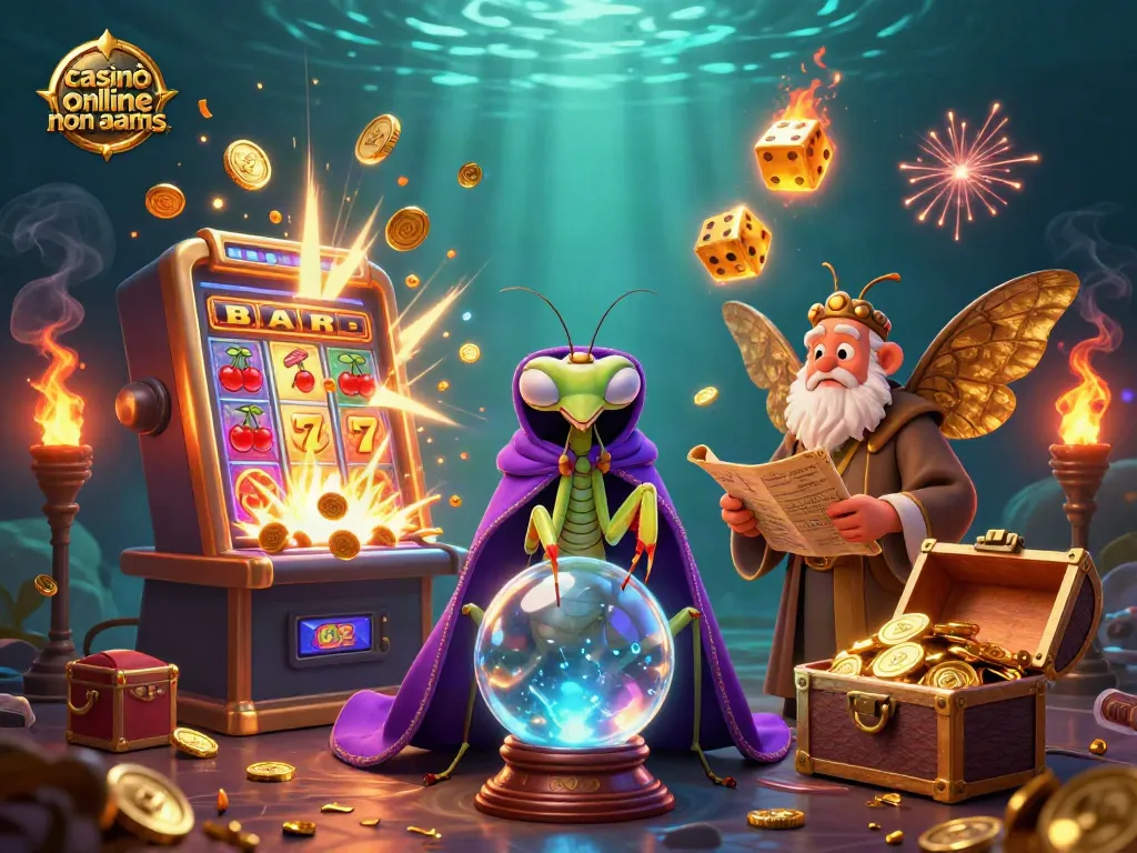 Gioca ai casinò online non aams con una scena vivace e colorata di slot machine e personaggi fantastici