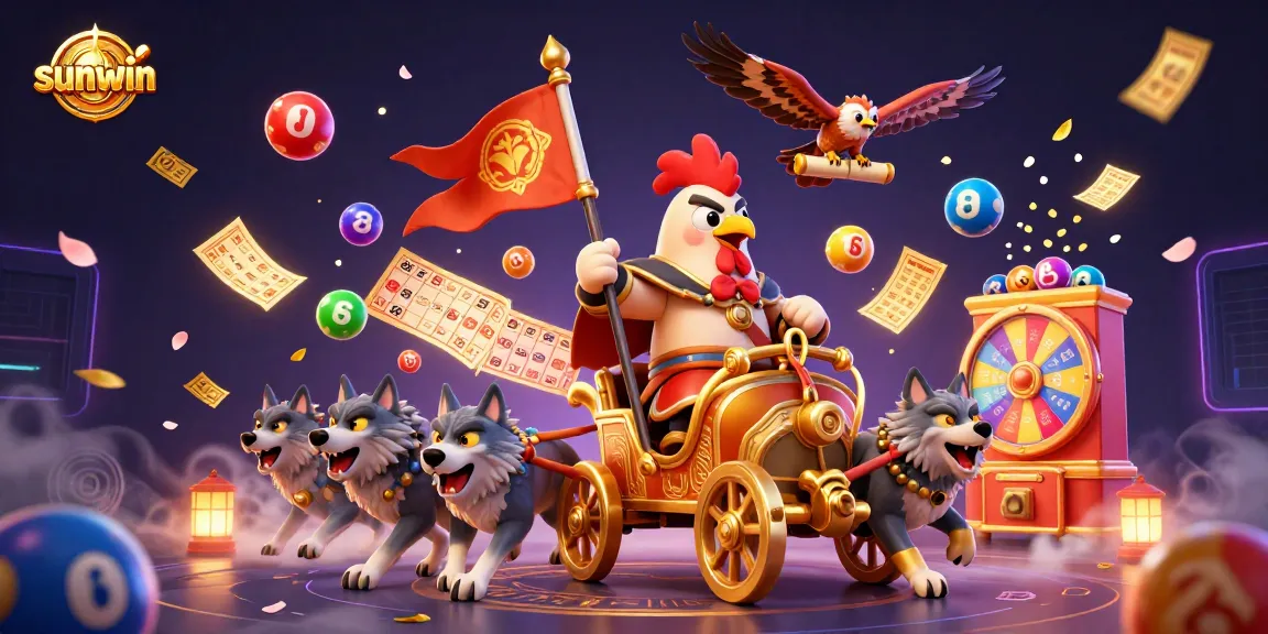 Engaging sunwin illustration with a rooster warlord and lottery theme in a vibrant casino atmosphere.