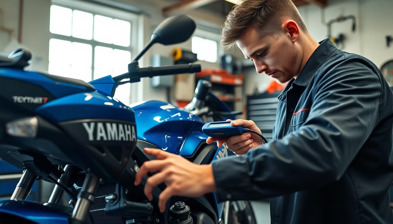 Motorradtechnik fachgerecht angewendet, während ein Techniker an einem Yamaha-Motorrad arbeitet.