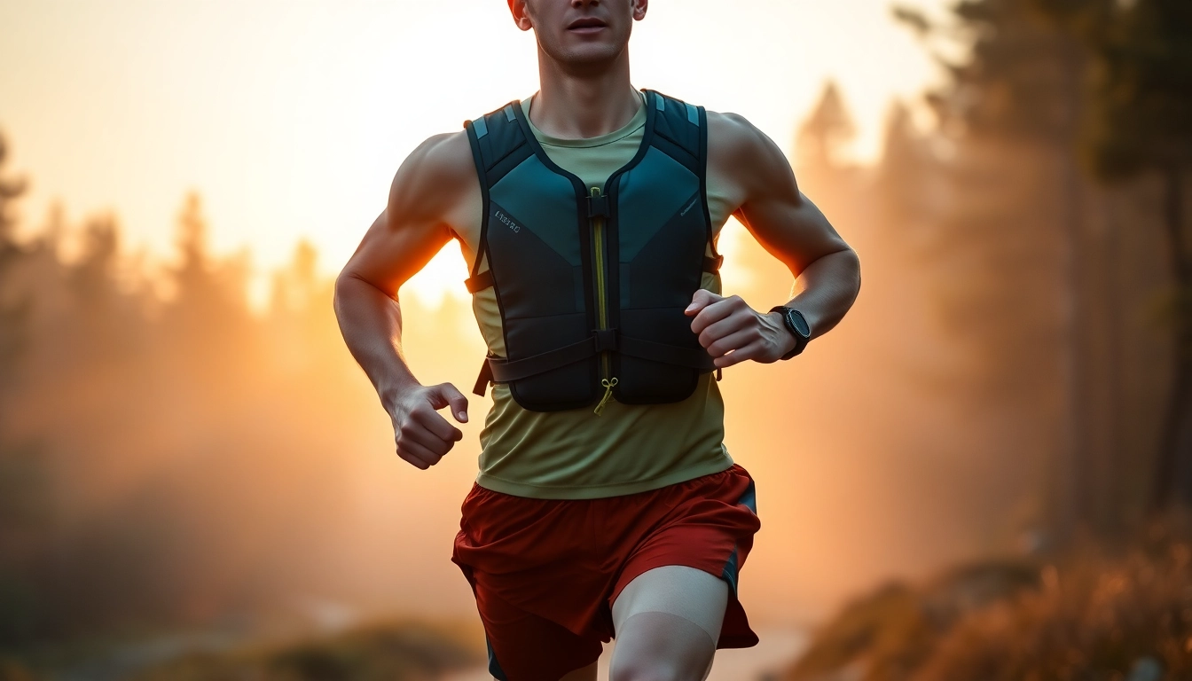 Runner demonstrating the benefits of a hydration vest in a sunrise setting with nature.
