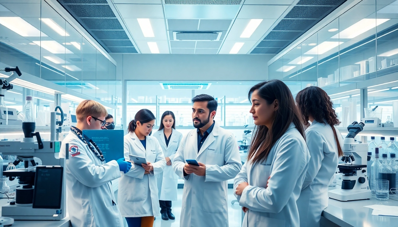 Researching WIN55 in a modern lab setting with scientists analyzing data.