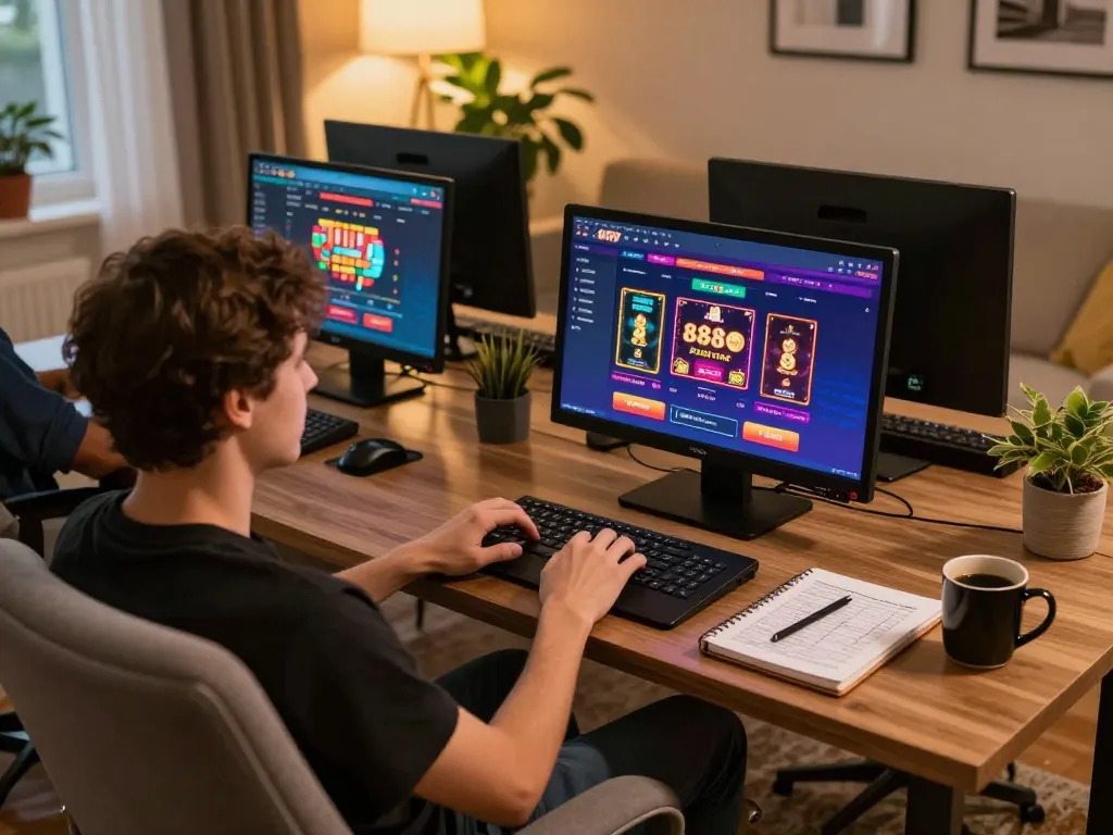 Player enjoying a strategic gaming session on 888top online casino from a cozy home setup.