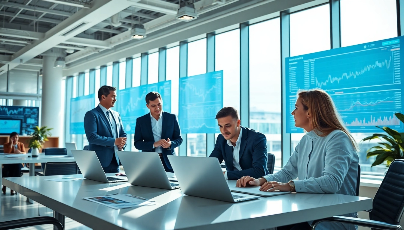 Visualize globalwealthscope.com with financial analysts working collaboratively in a vibrant office.