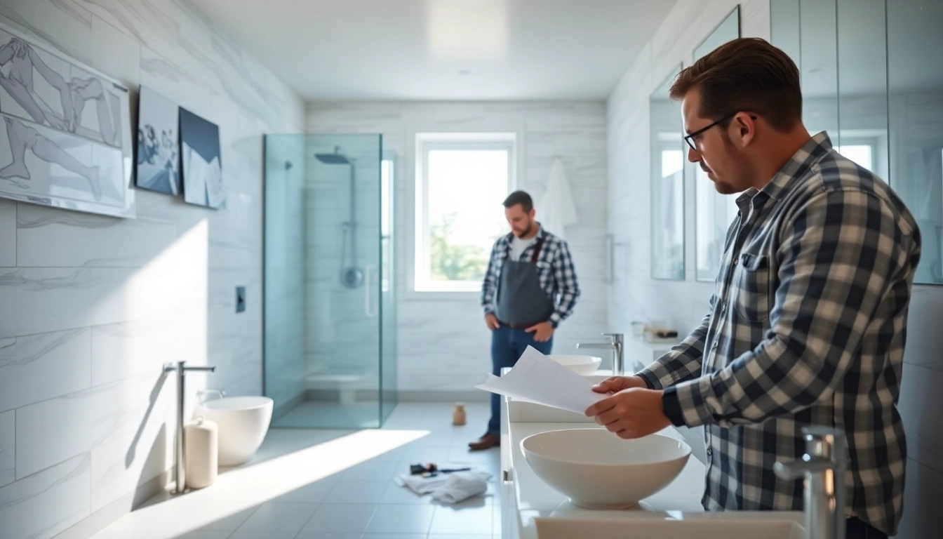 Bathroom contractors near me collaborating on a stylish bathroom renovation project.