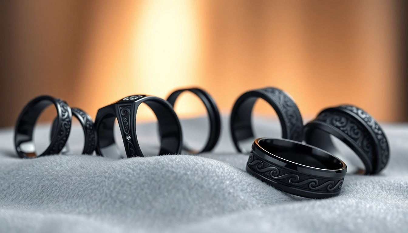 Showcase of Black Zirconium Rings highlighting unique designs and glossy finishes on velvet.