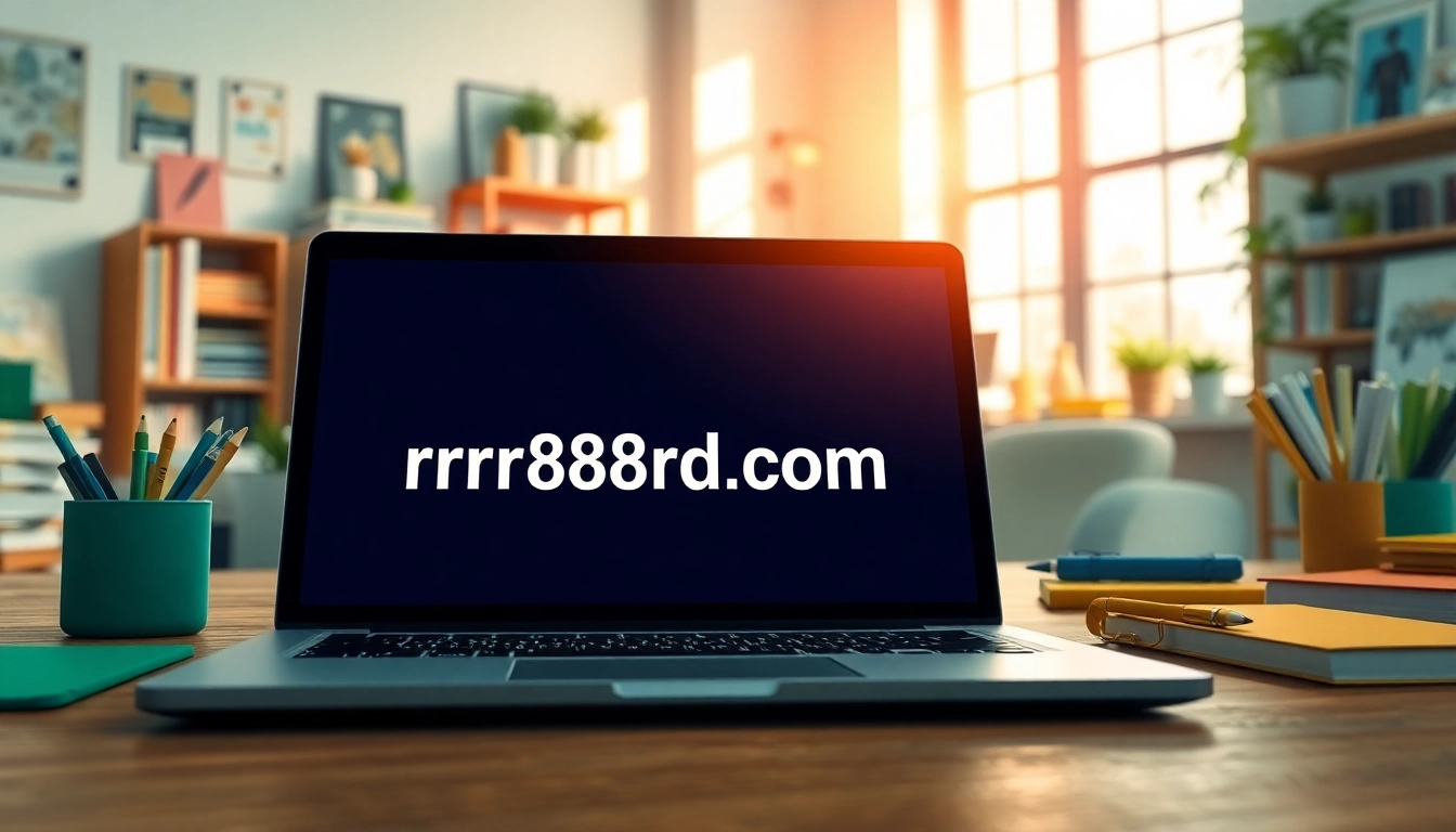 Engaging workspace with a laptop displaying https://rr88rd.com/ against vibrant backgrounds.
