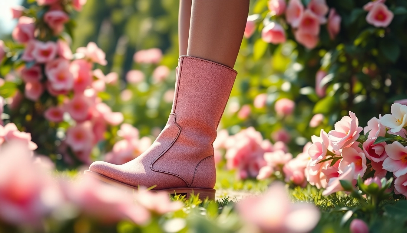 Showcase of gucci bloom boots against a vibrant garden backdrop, highlighting floral elegance.