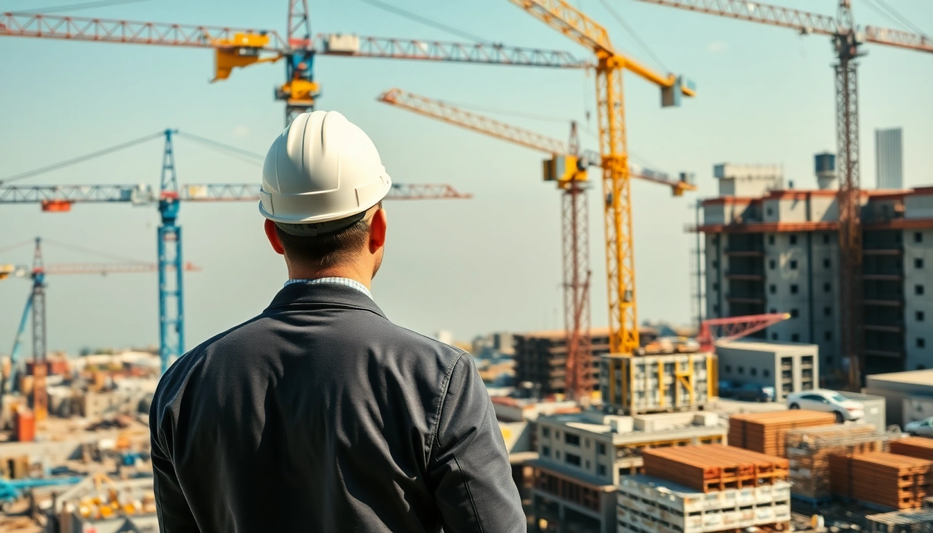 New Jersey Construction Manager overseeing a busy construction site with cranes and workers.