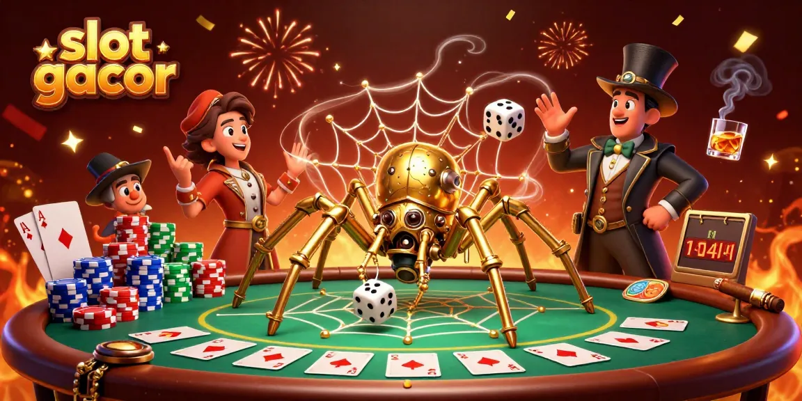 Experience thrilling slot gacor action with a steampunk spider entangled in a web of luck and poker chips.