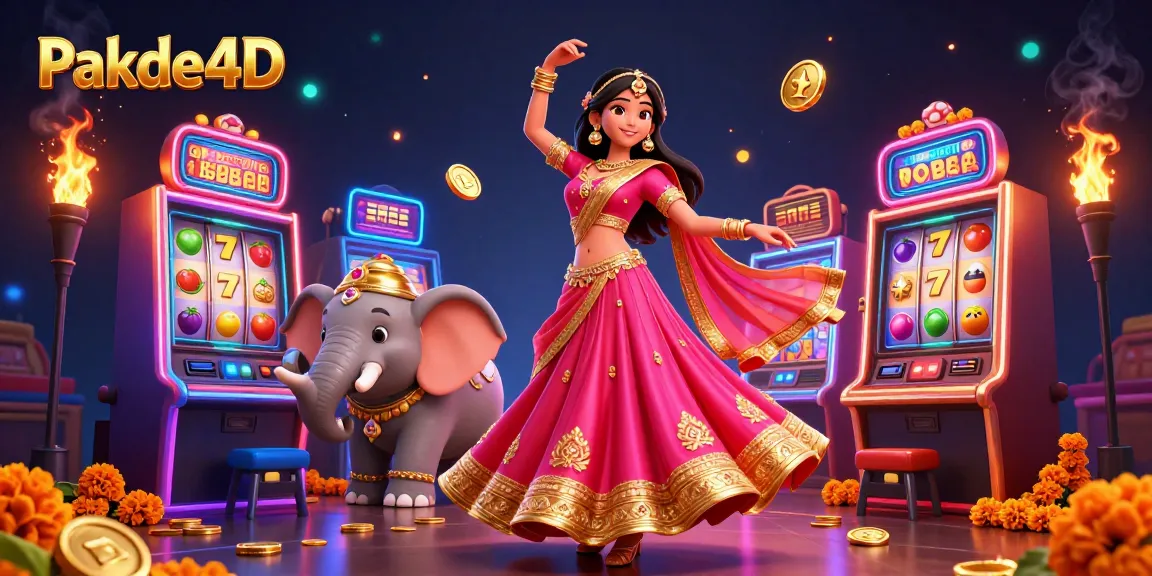 Engage in thrilling gaming action with Pakde4D, featuring colorful slot reels and dynamic characters.