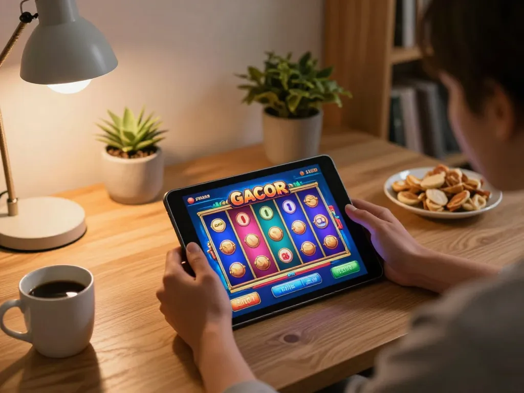 Pemain yang terlibat menikmati permainan slot gacor di tablet dalam suasana rumah yang nyaman.