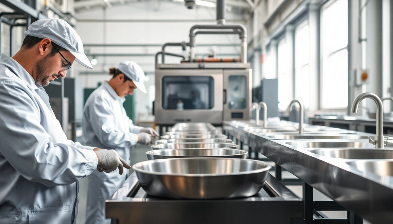 Artisans working at a stainless steel basin factory, showcasing craftsmanship and modern machinery.