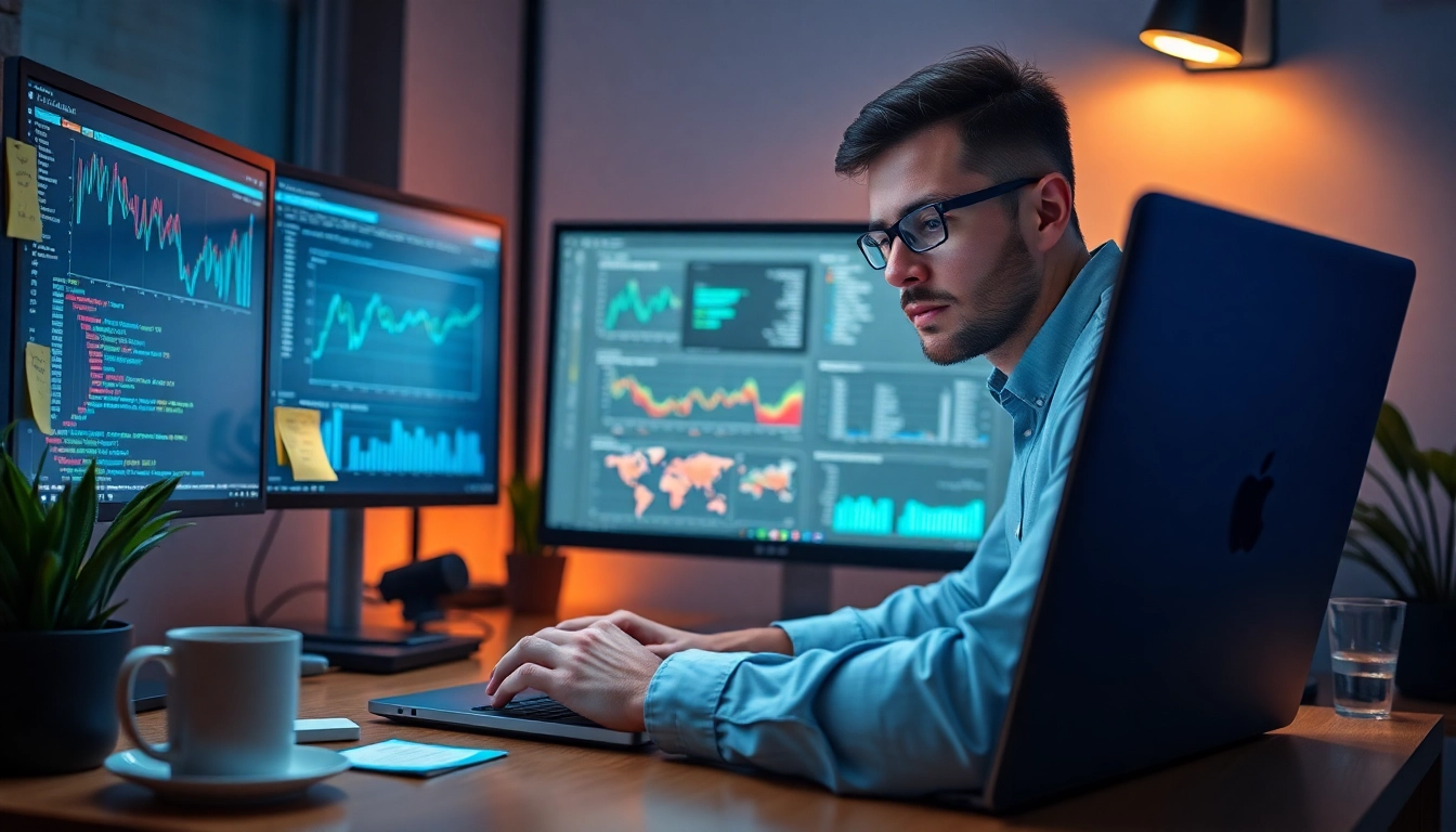 Web scrapping analysis on multiple screens by a focused developer in a tech workspace.