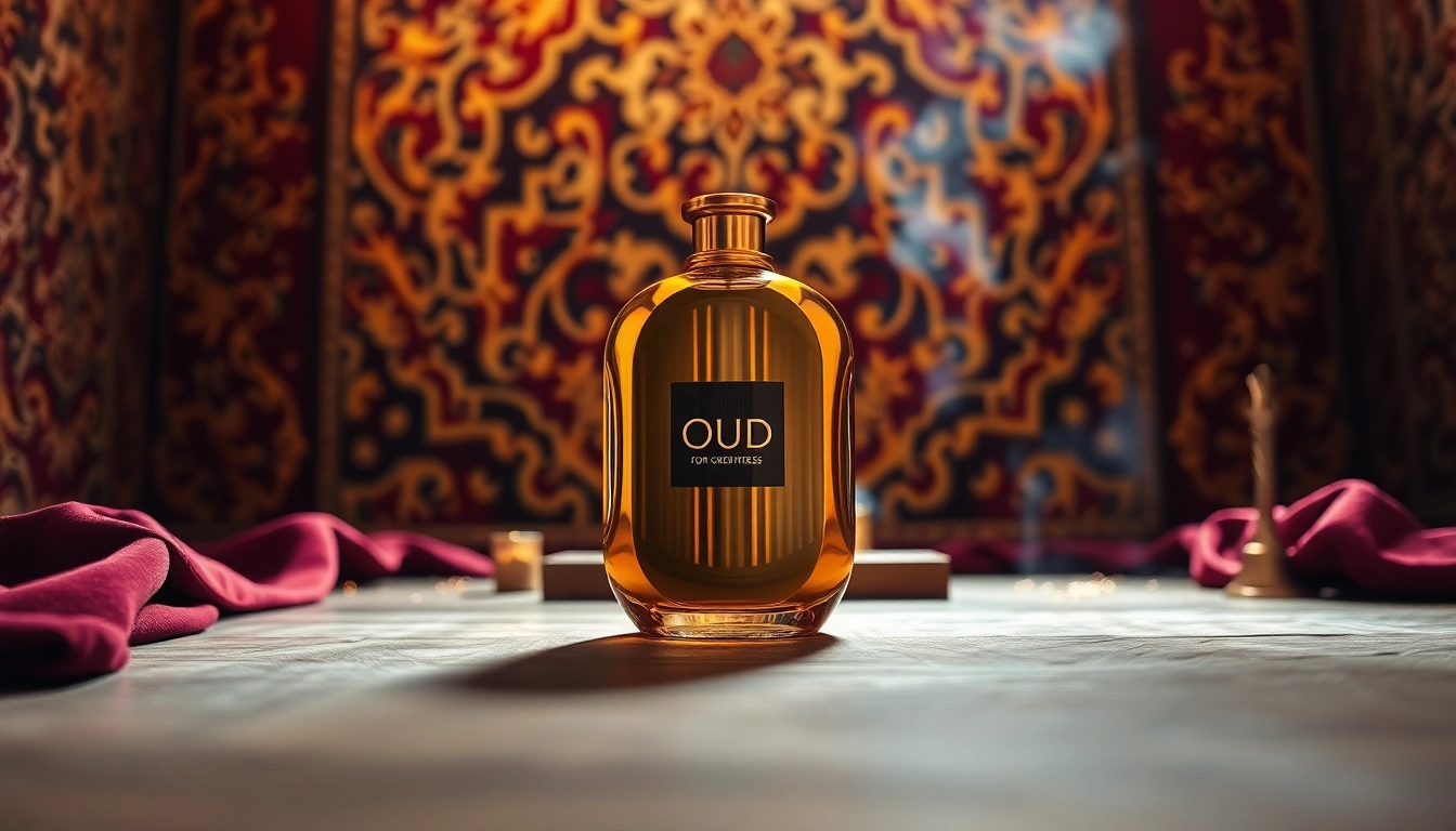 Showcasing the Oud for greatness fragrance in a luxurious setting with elegant details.