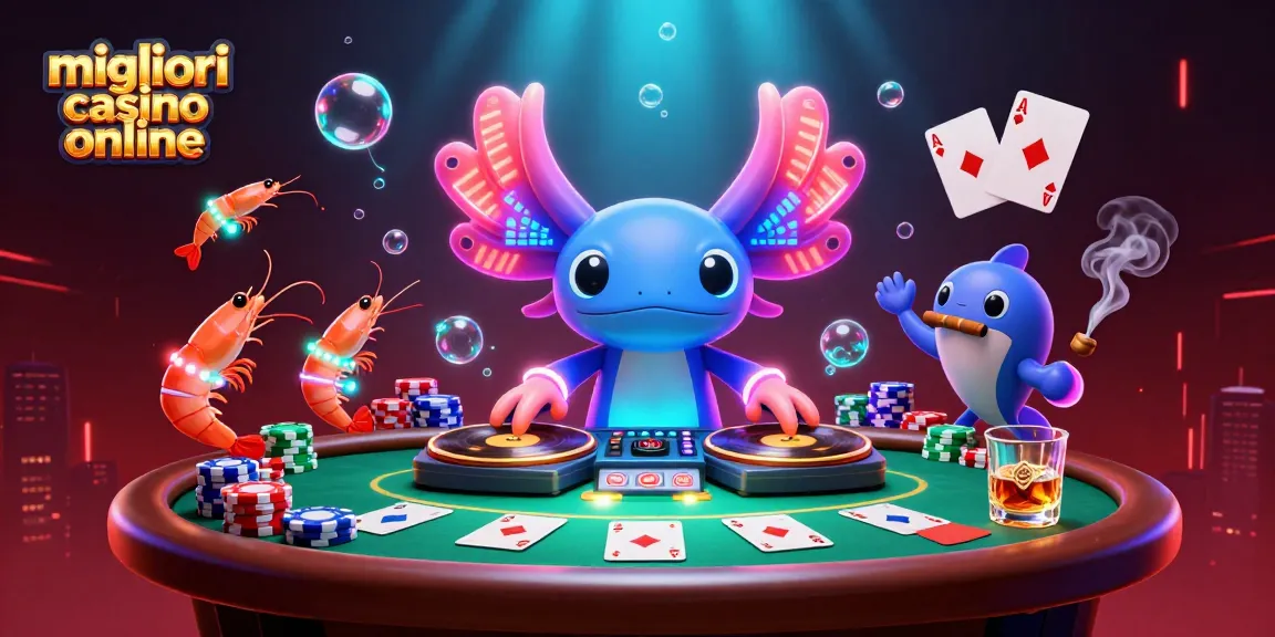 Scopri i migliori casino online con un'illustrazione 3D di un DJ axolotl che celebra il mondo del gioco.