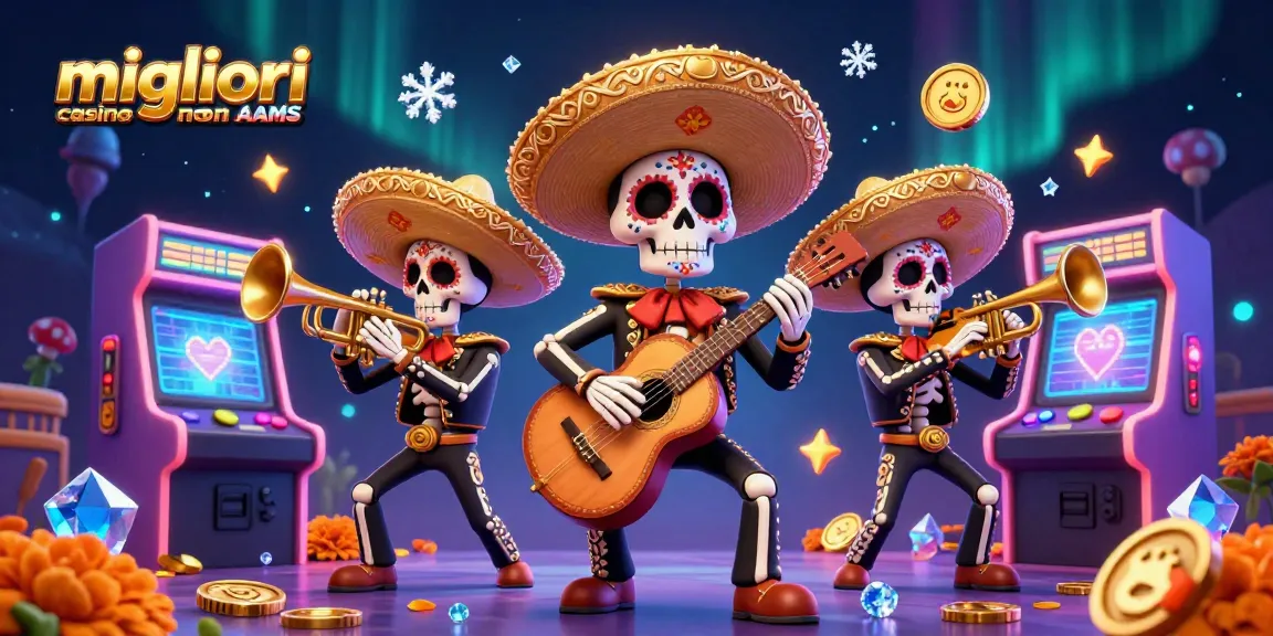 Vivi i migliori casino non AAMS con un'immagine coinvolgente di una band mariachi scheletro, giochi arcade e colori vivaci.