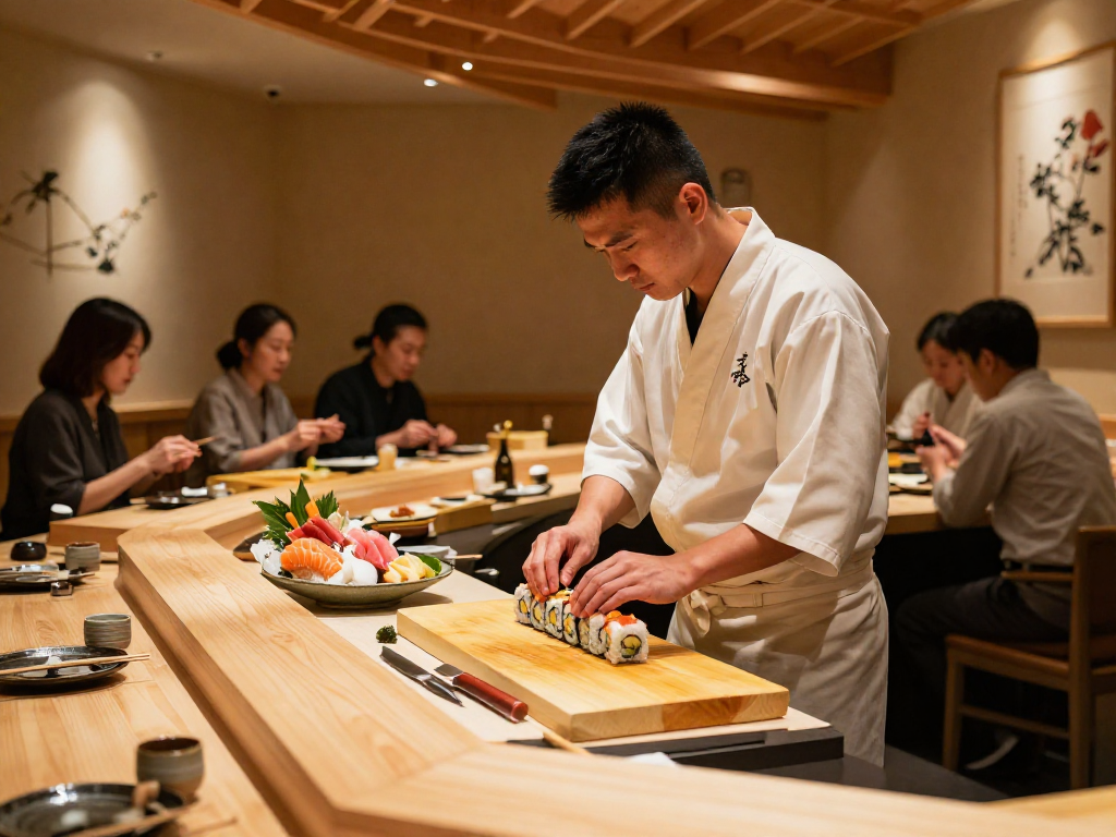 Delicious sushi preparation at a refined sushi counter featuring rokok88 ingredients, chef skillfully rolling sushi.