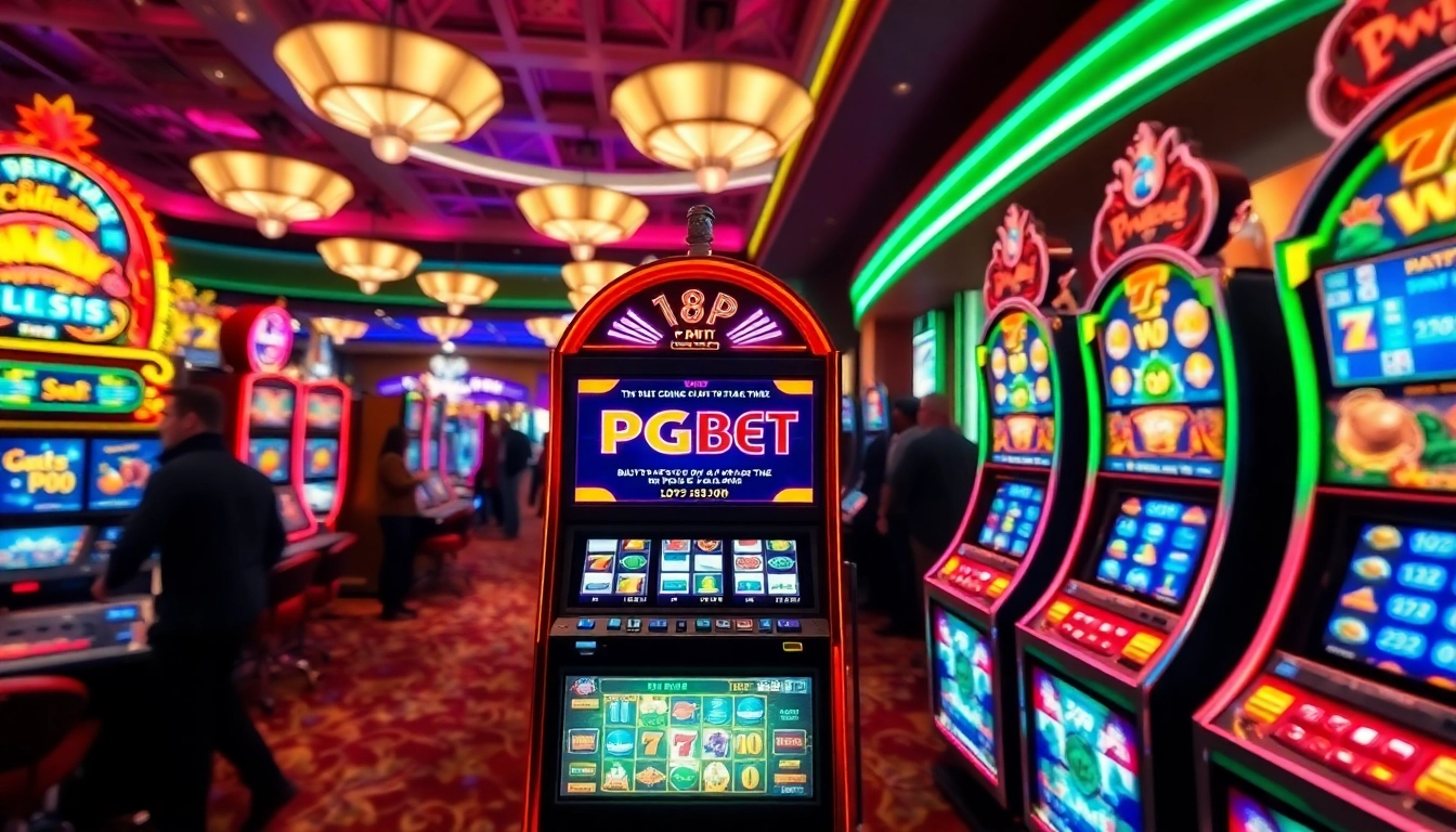 Mainkan pgbet slot di mesin slot berwarna-warni di kasino yang ramai.