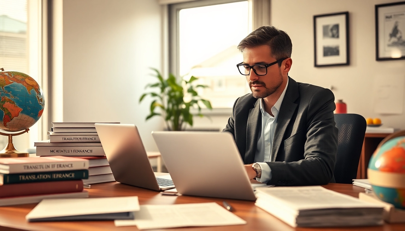 Traducteur assermenté espagnol dans un bureau professionnel, concentré sur la traduction.