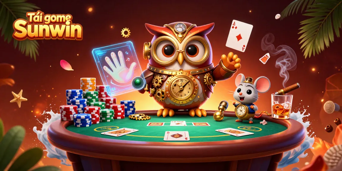 Tải game Sunwin with a vibrant illustration of a steampunk owl and clockwork mouse amidst poker elements.