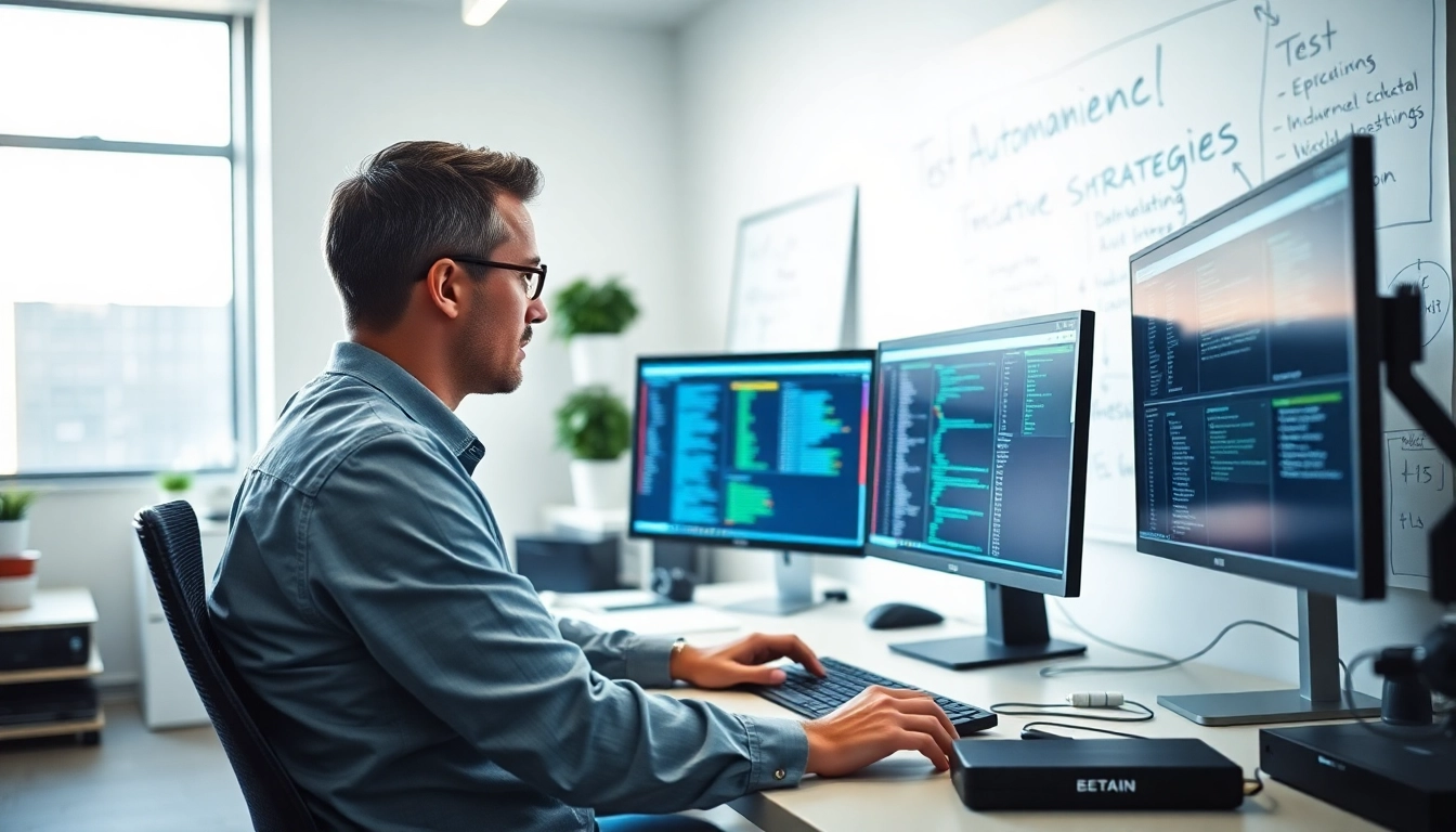 Engineer operating a test automation tool, analyzing data in a modern office environment.