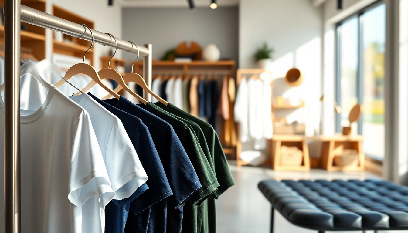 Showcase of the best blank t shirts in a stylish boutique, featuring various vibrant colors and textures.