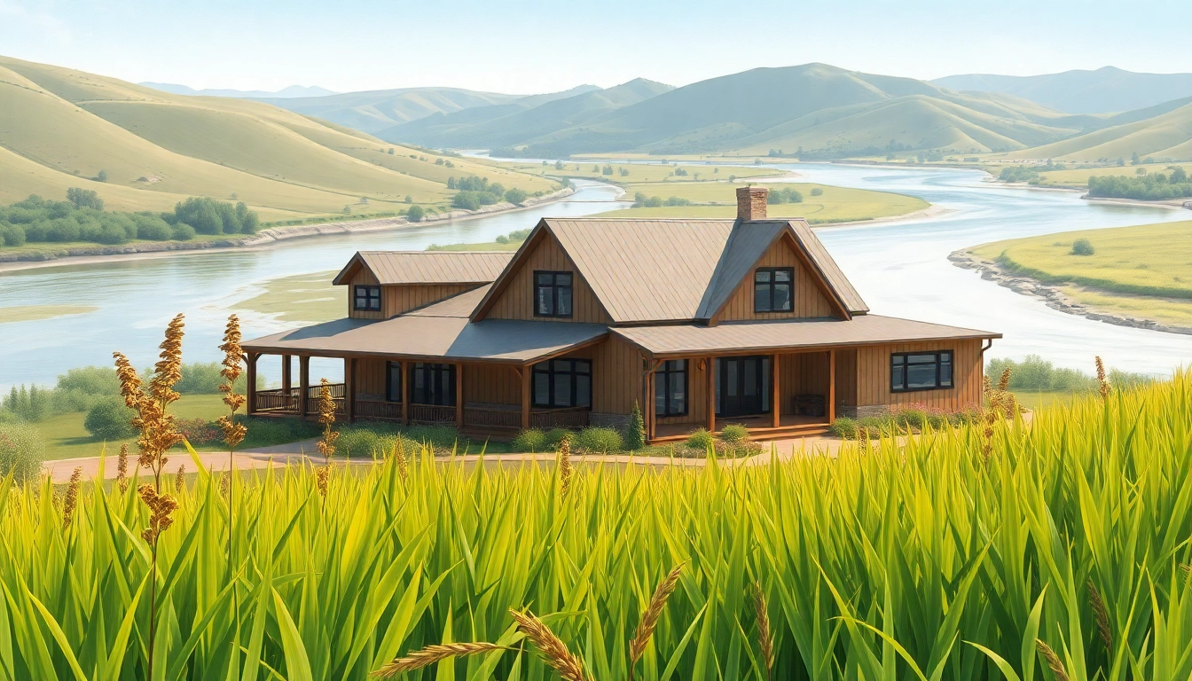 Winding River Farmhouse New Build beautifully set by a tranquil river, showcasing modern architecture.